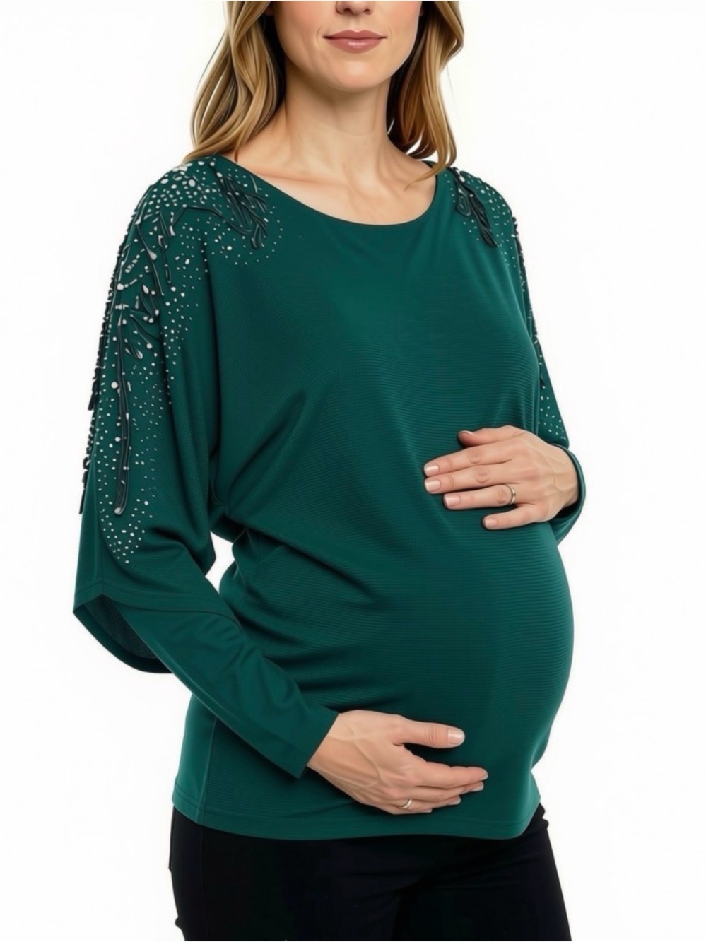Siren Lily Emerald Green Beaded Shoulder Knit Top Maternity Size L NWT